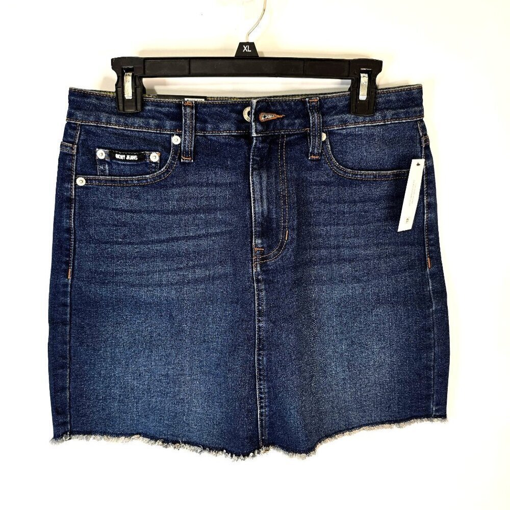 DKNY Jeans Mid Rise Denim Skirt Size 4 17" Midi Length A-Line Comfort Stretch